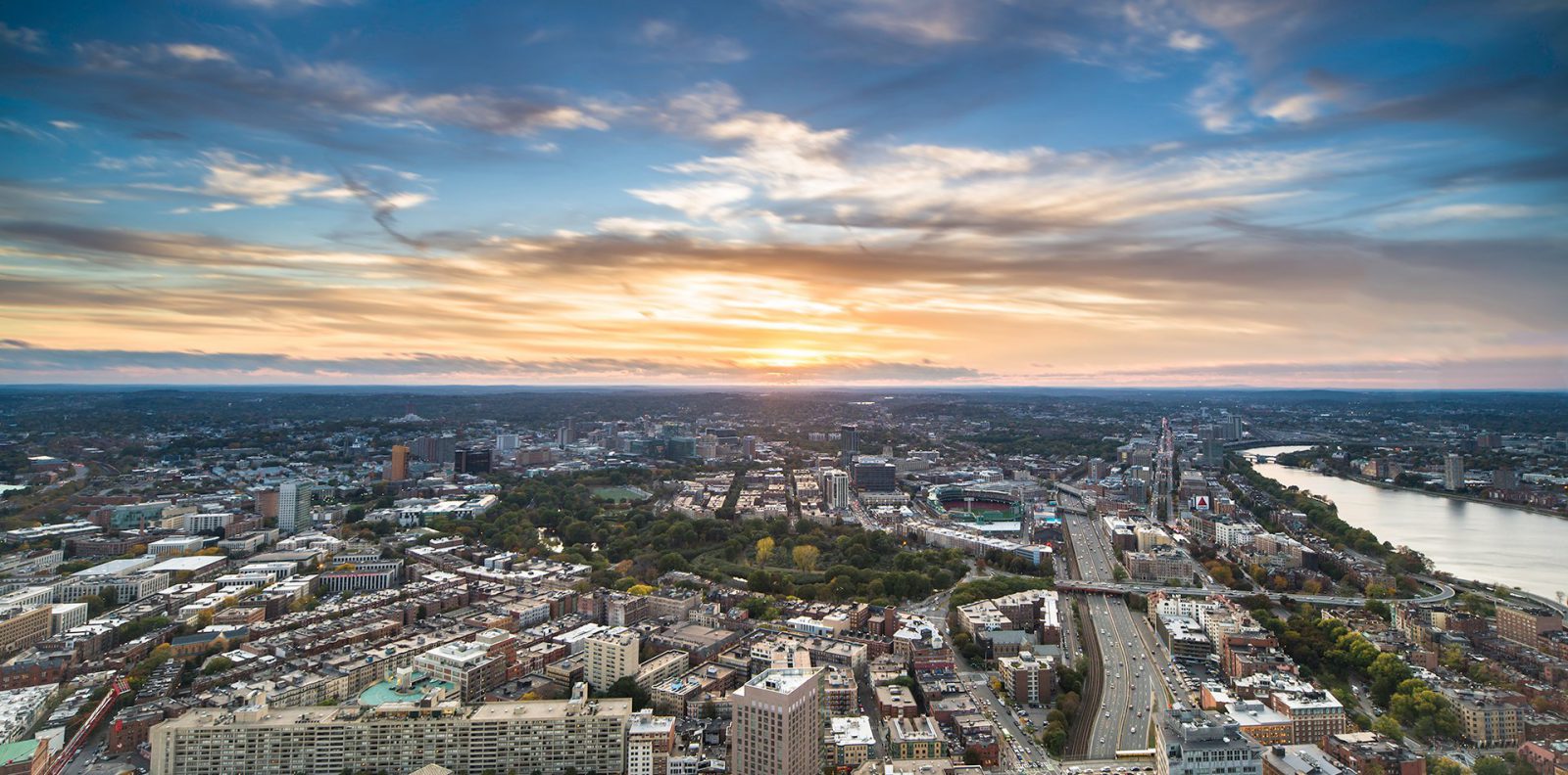 Aerial of Boston with dramatic sky