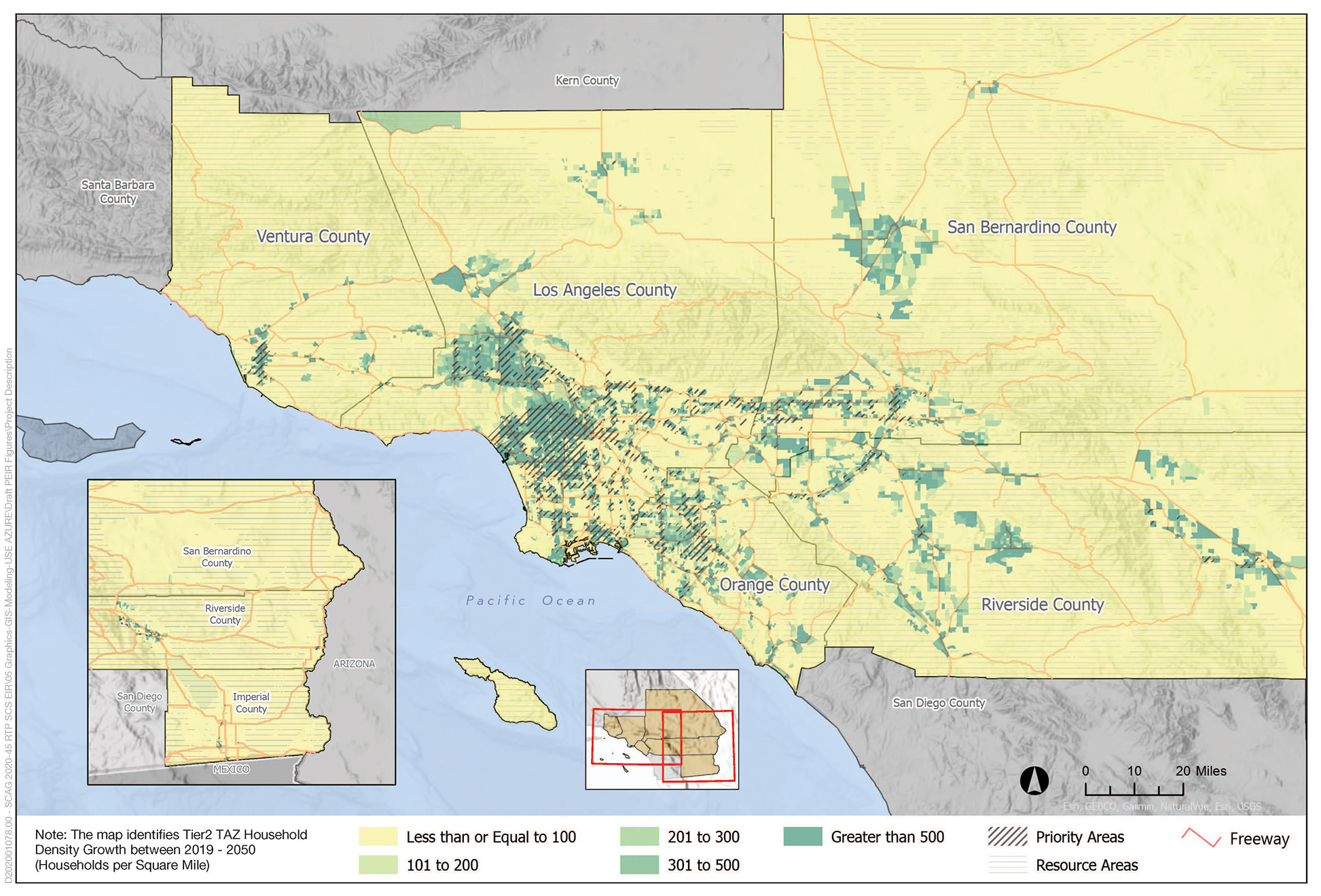 A map showing the forecasted regional development pattern in Ventura, Los Angeles, San Bernardino, Riverside, and Orange counties